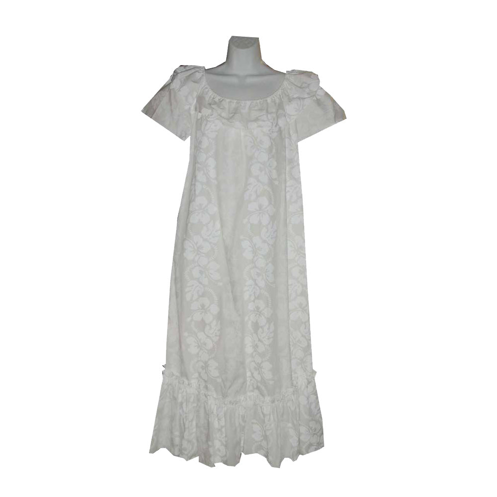 White Hibiscus Panel Long Muumuu Dress  100% Cotton, Handmade in Hawaii White / 2XL