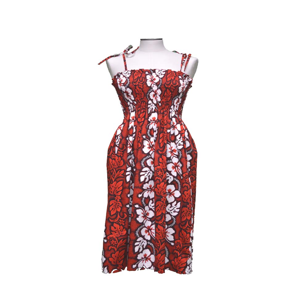 White Hibiscus Panel Red Tube Top Hawaiian Dress
