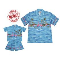Load image into Gallery viewer, Father and son matching Flamingo Hawaiian shirts on island beach
