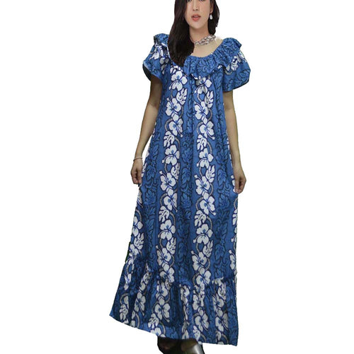Authentic Hawaiian muumuu dress with white hibiscus panel, cotton poplin, maxi-length silhouette.