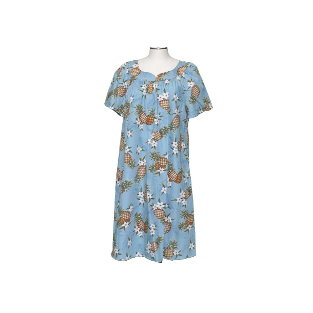 100% cotton blue muumuu, midi-length tropical silhouette