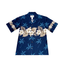Load image into Gallery viewer, Close-up of Vintage Hibiscus border print on handmade Hawaiian shirt by KY’S®
