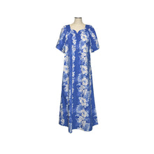 Load image into Gallery viewer, 100% cotton blue muumuu, A-line mid-calf silhouette with side pocket
