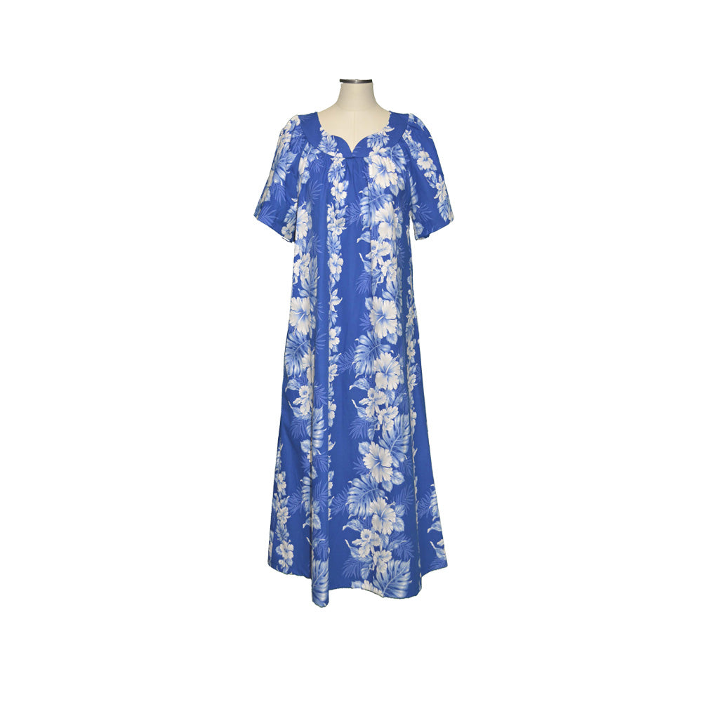 100% cotton blue muumuu, A-line mid-calf silhouette with side pocket