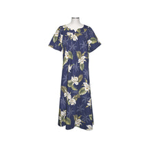 Load image into Gallery viewer, 100% cotton Navy Orchid muʻumuʻu, A-line silhouette with mid-calf length
