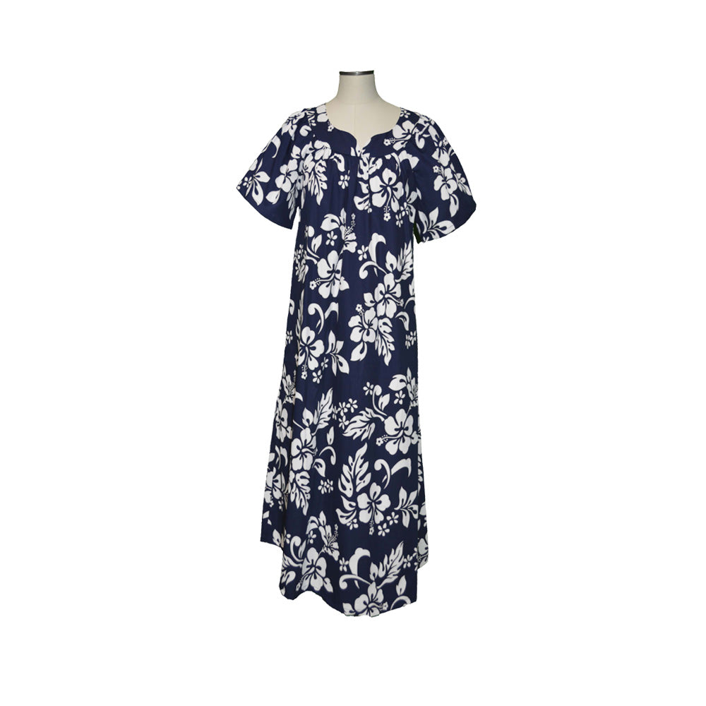 Navy Hawaiian muʻumuʻu dress with Hibiscus floral print – Honolulu made