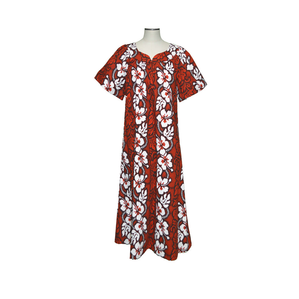 cotton muumuu dresses Short Muumuu Hawaiian Dress Hibiscus Leis Red / 2XL