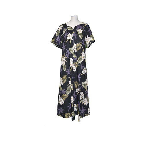 Authentic Honolulu-made Hawaiian muʻumuʻu with side pocket and orchid design