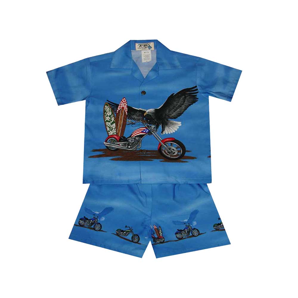 Father Son Matching in Eagle Motorbike |daddy Son Matching Aloha Shirt Son - Size 2 Year / Blue