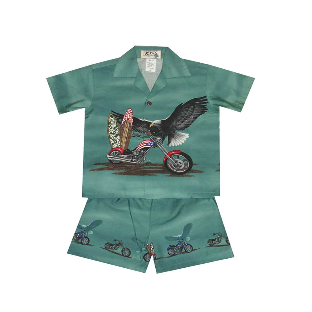 Father Son Matching in Eagle Motorbike |daddy Son Matching Aloha Shirt Son - Size 8 Year / Green