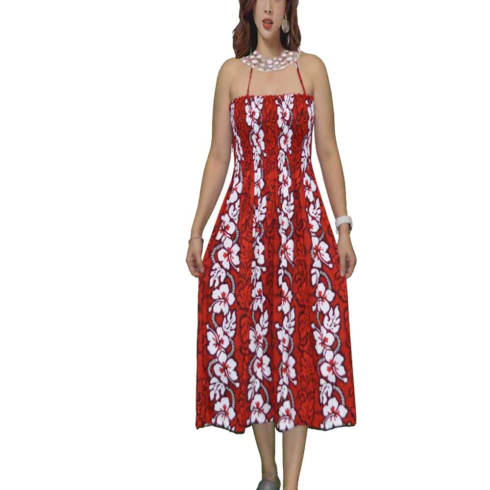 White Hibiscus Panel Red Tube Top Hawaiian Dress