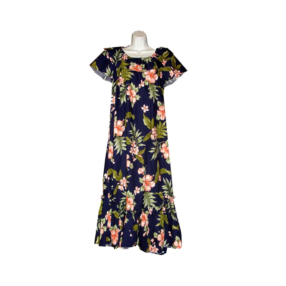 Long white Hawaiian muumuu dress for women with coral hibiscus floral print