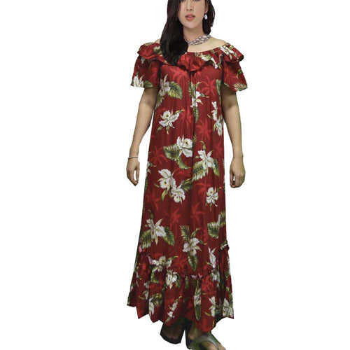 Long red Hawaiian muumuu dress for women with orchid floral print