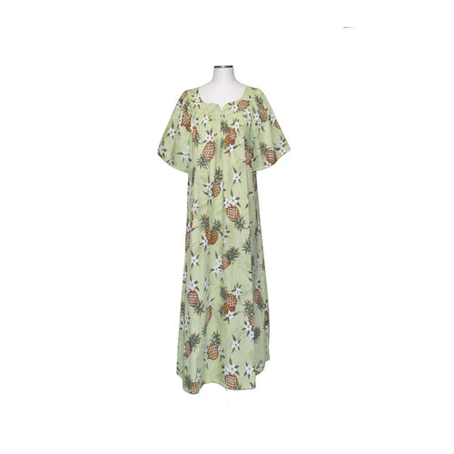 midi-length muumuu dress in green color with pineapple design