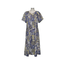 Load image into Gallery viewer, 100% cotton navy muumuu, A-line midi-length silhouette with side pocket
