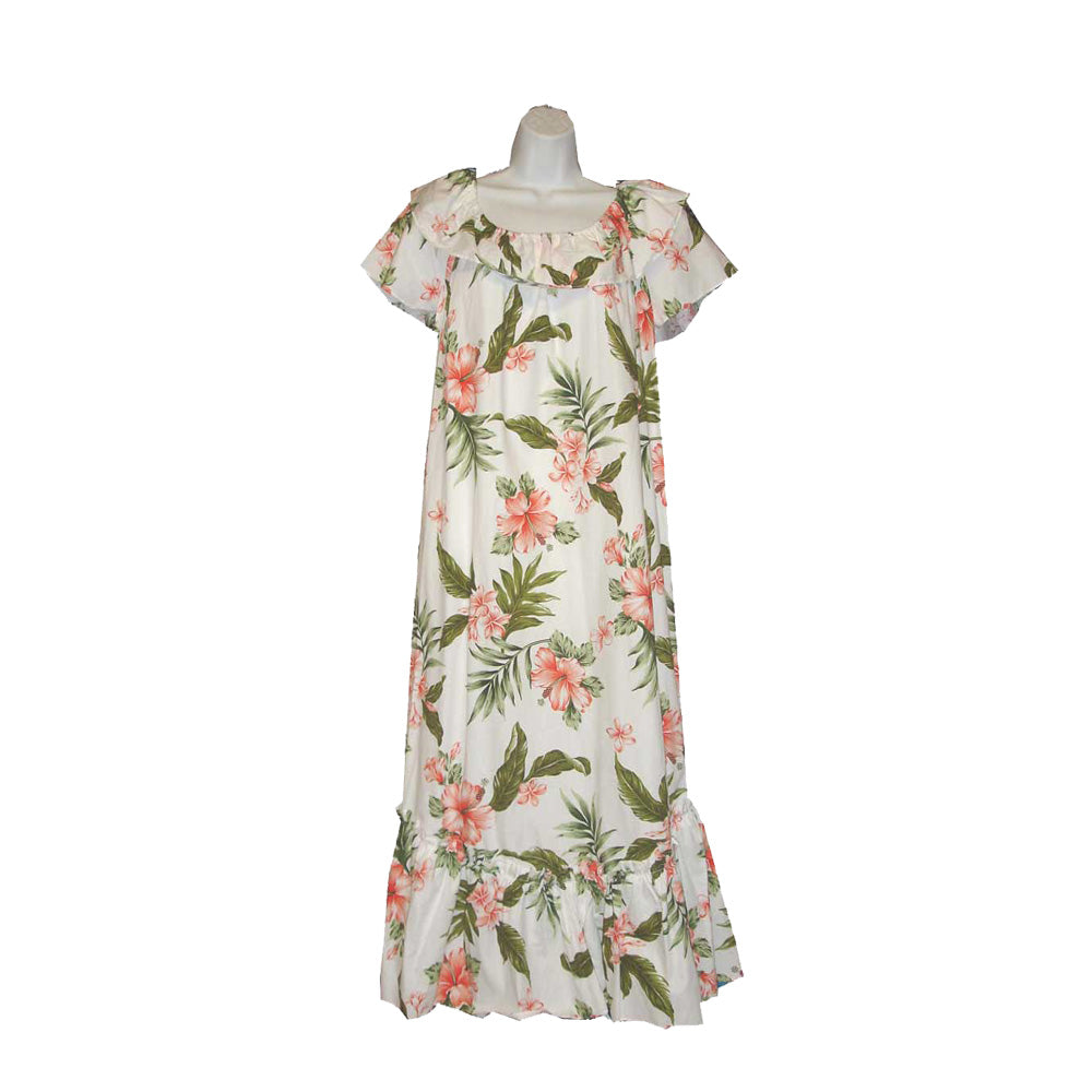 loosely fit hawaiian dress Long White Muumuu – Coral Hibiscus Floral Handmade Aloha Wear White/Coral / 3XL Size range XS occasion dresses SIZE:18 MONTHS Cypress Ric Rac Trim