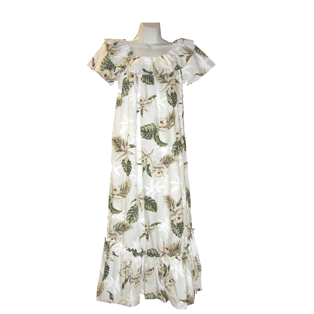 white muumuu dress Long White Hawaiian Muumuu Dress for Women – Handmade Cotton Orchid Floral Aloha Dress White / XL