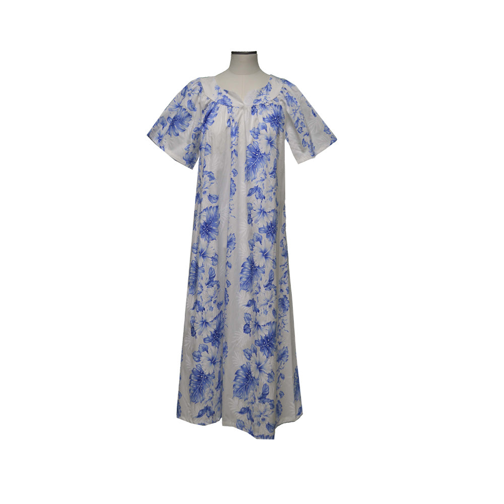 White Hawaiian Muumuu Dress for Women Blue Hibiscus Panel | Made in Hawaii White/Blue / S White Hawaiian Muumuu Dress for Women Blue Hibiscus Panel | Made in Hawaii White/Blue / S