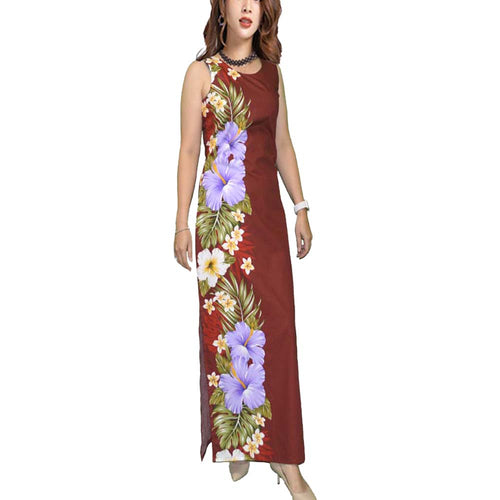 Sleeveless wine red maxi Hawaiian dress with purple hibiscus print, side slits, and back zipper – handmade 100% cotton sundress