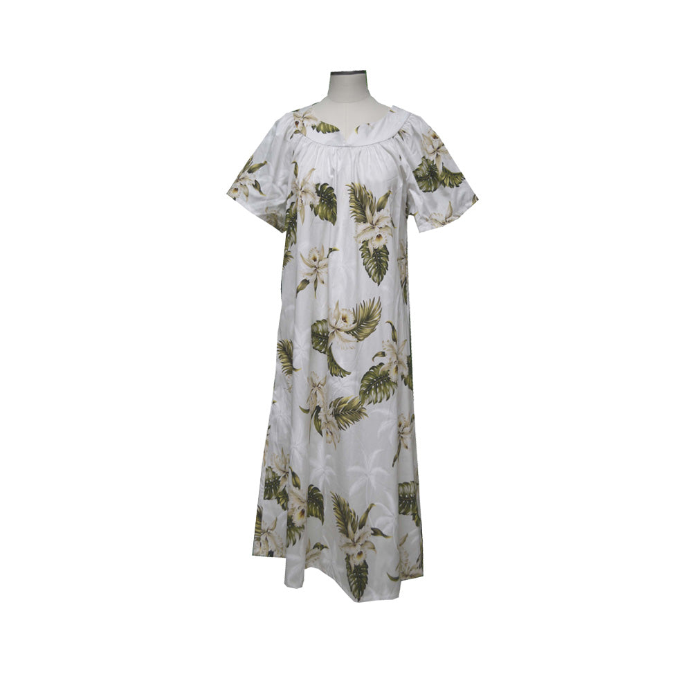 White Hawaiian muumuu dress for women with Classic Orchid print – Honolulu made